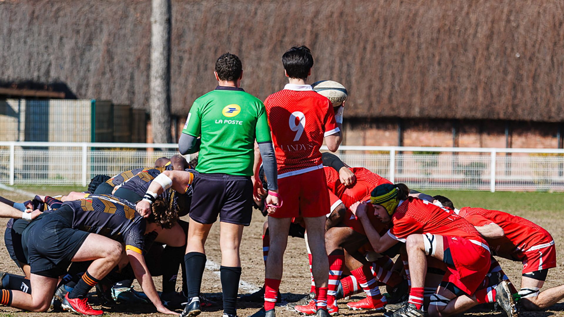 Rugby scrum with referee during CS Clichy match in Clichy, March 2025
