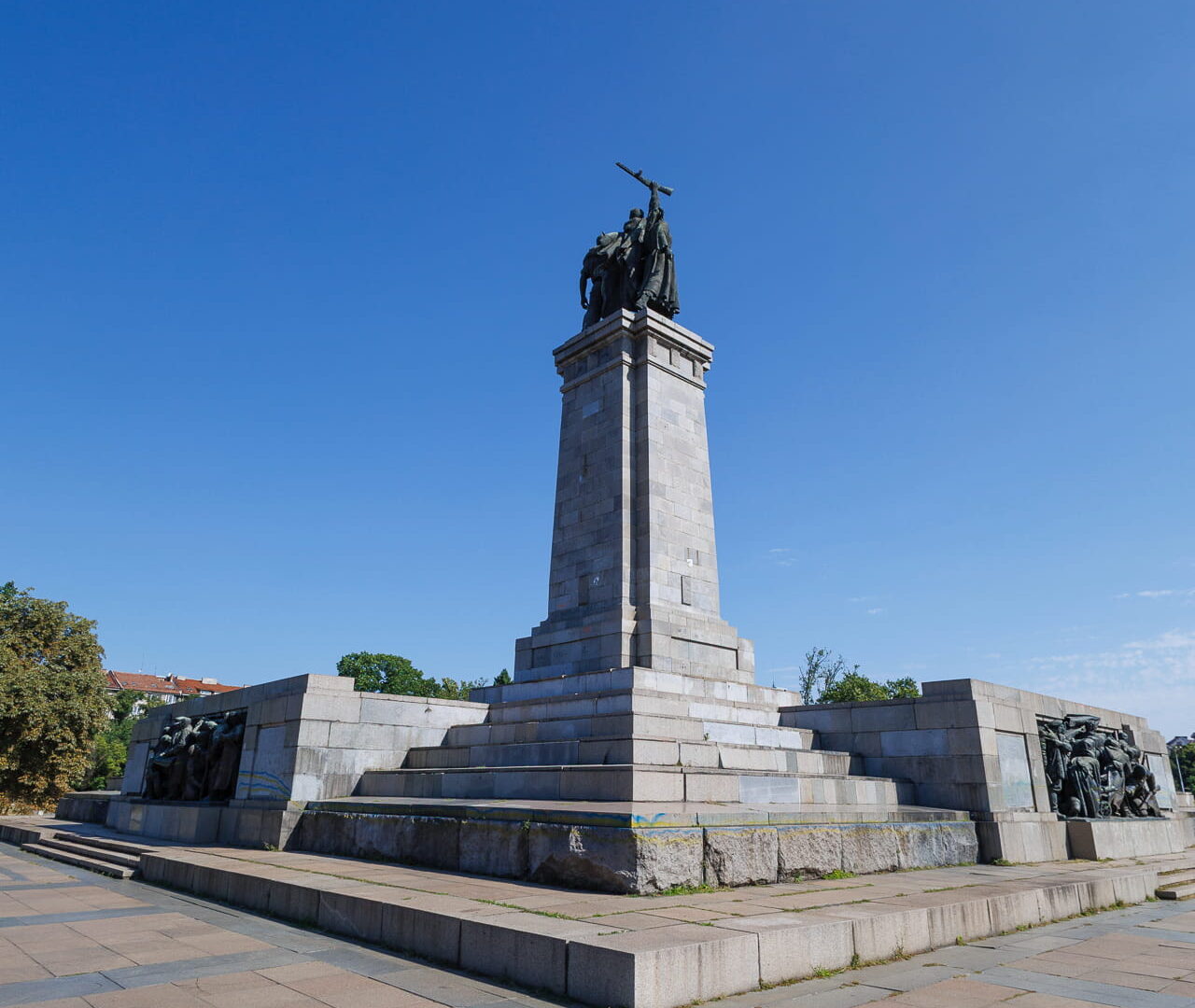 Monument to the Soviet Army with bronze equestrian statue on tall stone pedestal and relief sculptures, Sofia, Bulgaria