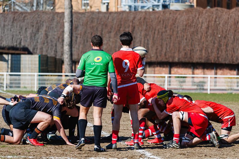 Rugby scrum with referee during CS Clichy match in Clichy, March 2025