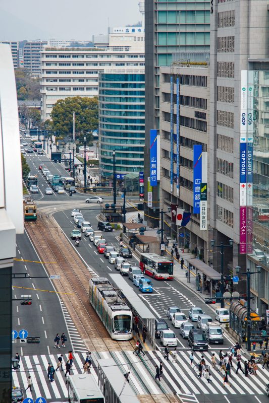 Aerial view of Hiroshima city center with tram and Hiroshima Bank building