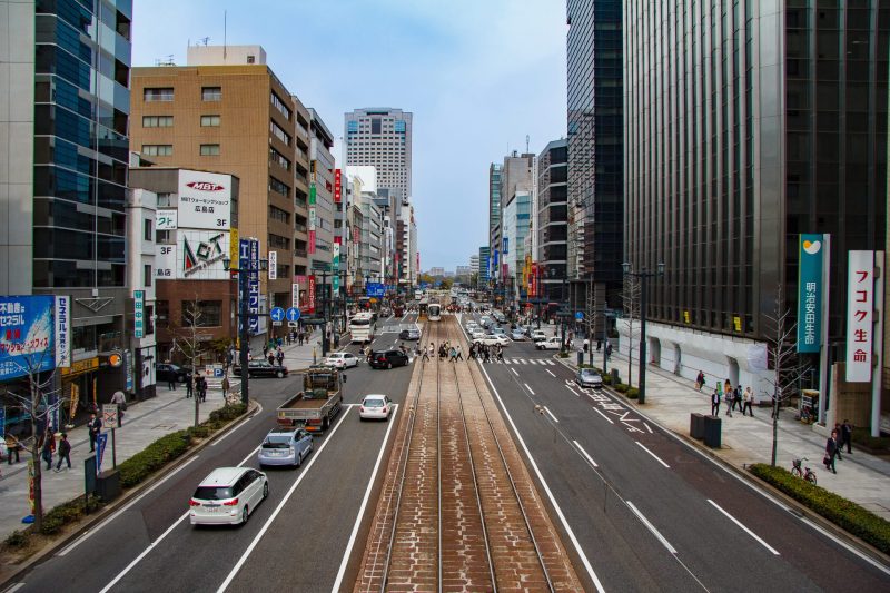 Hiroshima city boulevard with tram tracks and traffic