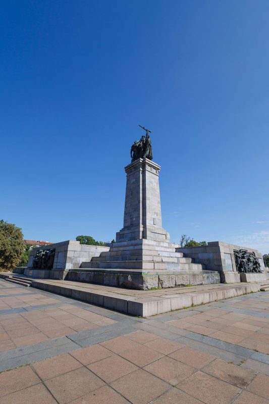Monument to the Soviet Army with bronze equestrian statue on tall stone pedestal and relief sculptures, Sofia, Bulgaria